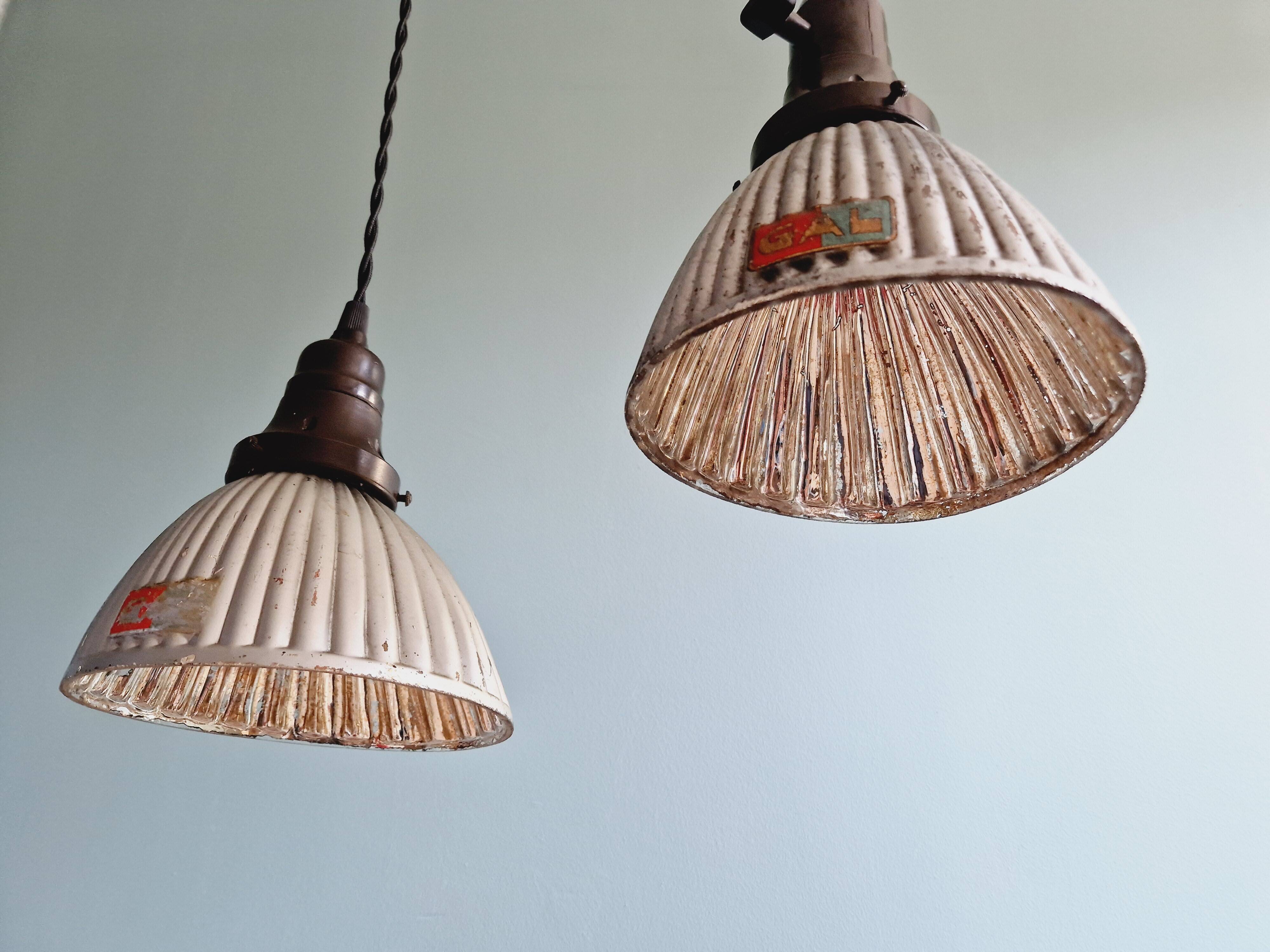 Set of 3 industrial mercury glass pendant lights, GAL (France), 1930s