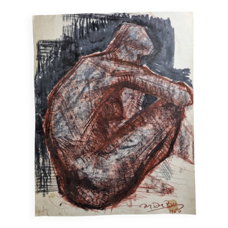 Etude de nu fusain et sanguine signée de Maurice de Bus, 1960, 47 x 60 cm