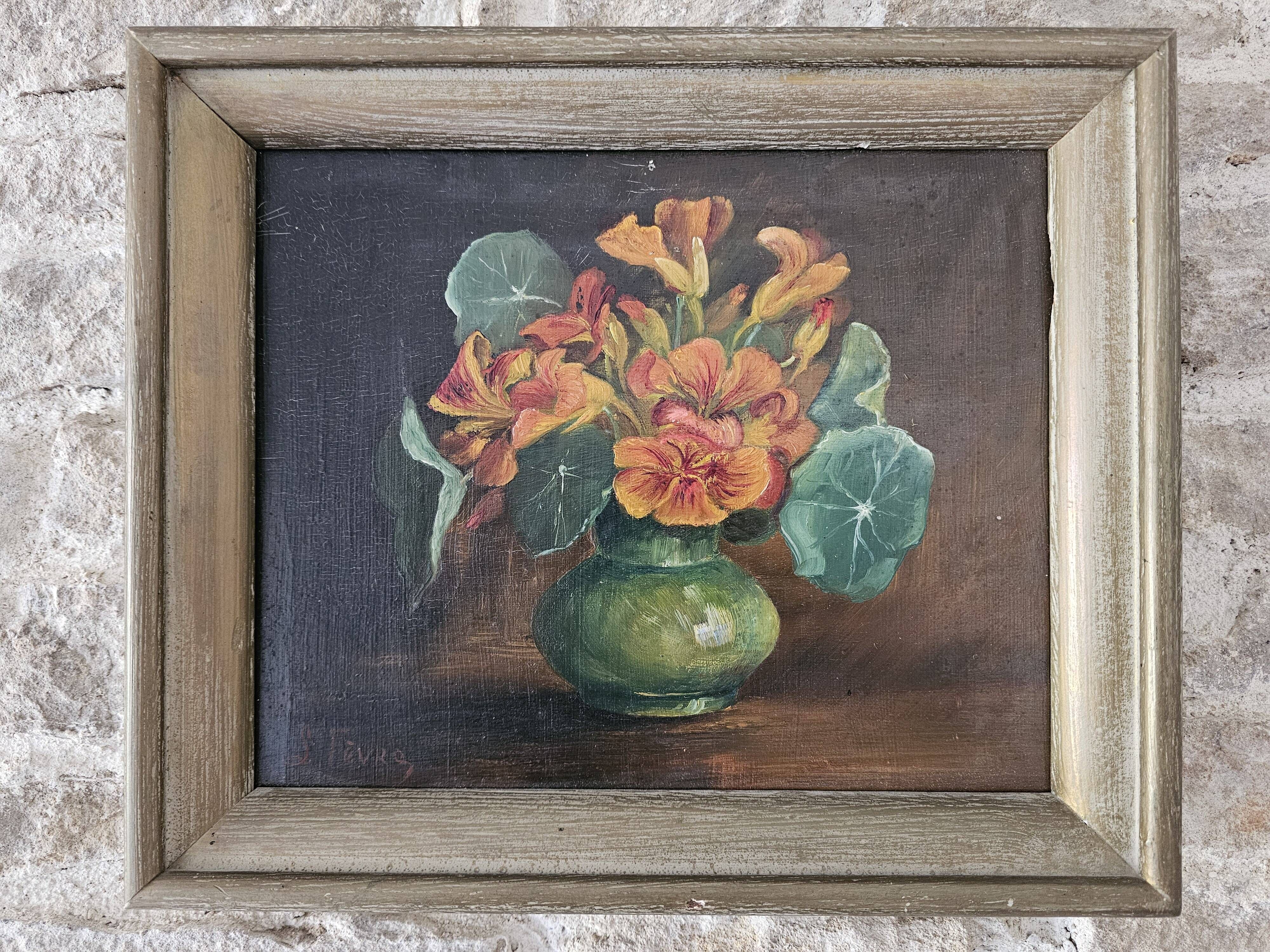 Tableau Huile sur Panneau bouquet de fleurs capucines dans vase Signé L. Fè