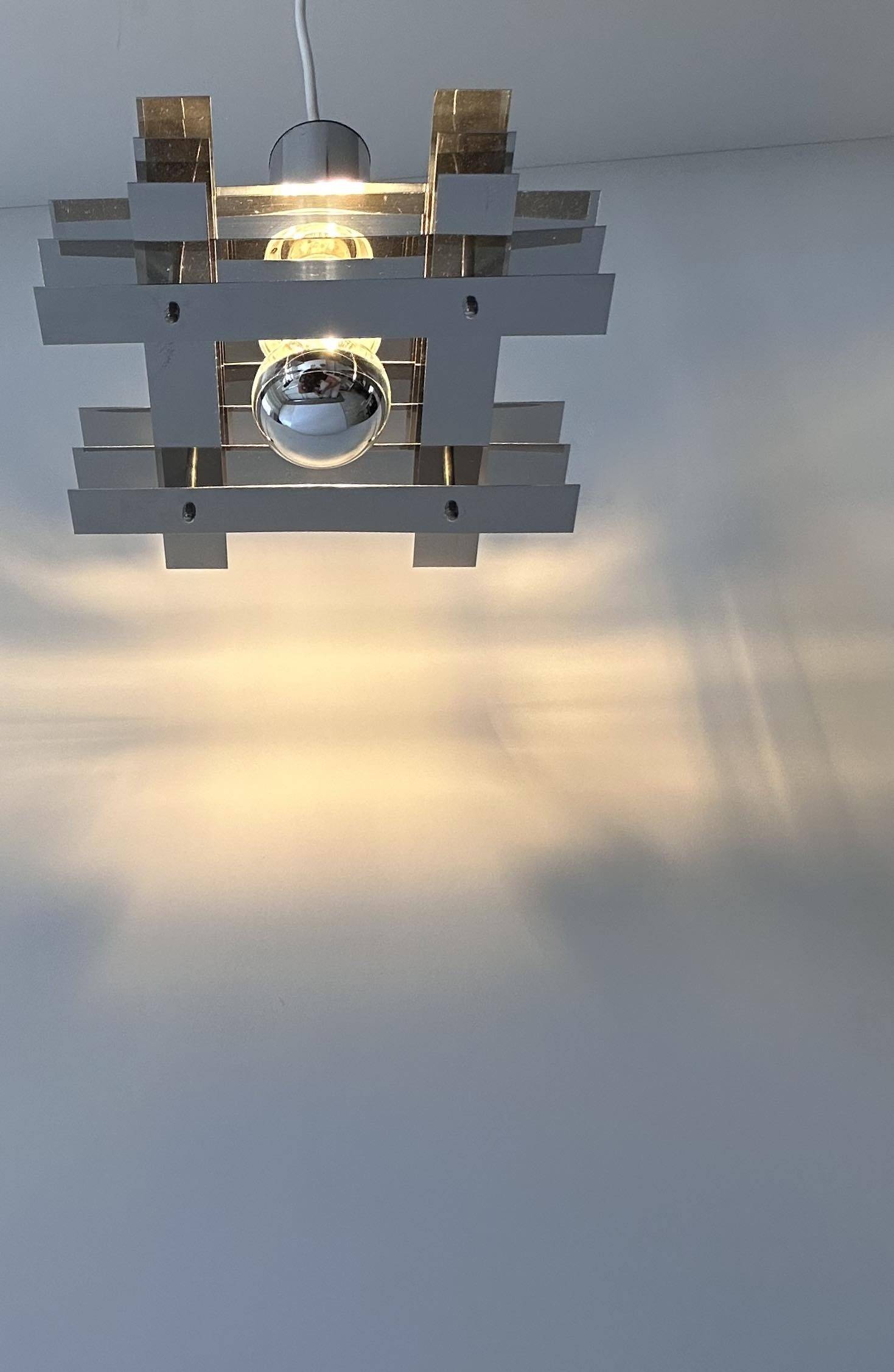 Vintage geometric pendant light, chrome metal, France 1960s