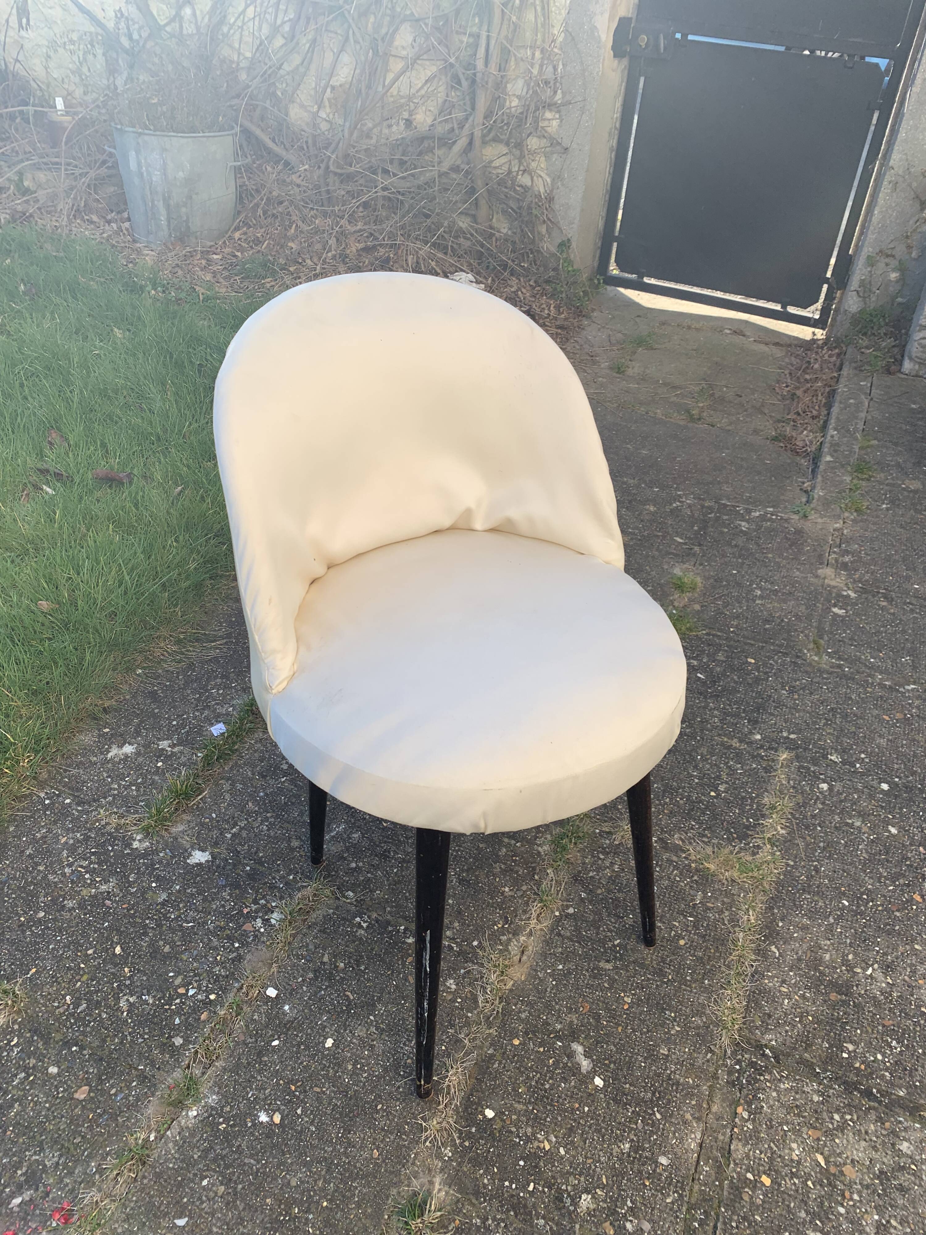 Vintage 1950s white satin armchair with compass legs