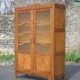 Armoire bois art déco avec vitre cathédrale, meuble de rangement bois, armoire vintage, déco