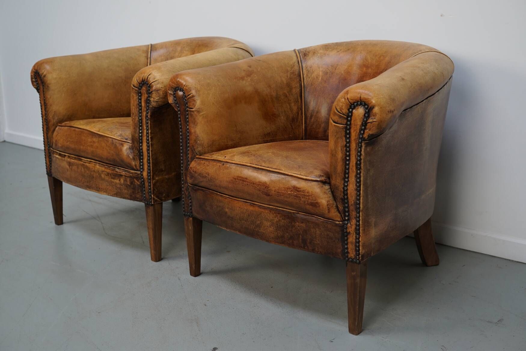 Vintage Dutch Cognac Leather Club Chairs, Set of 2