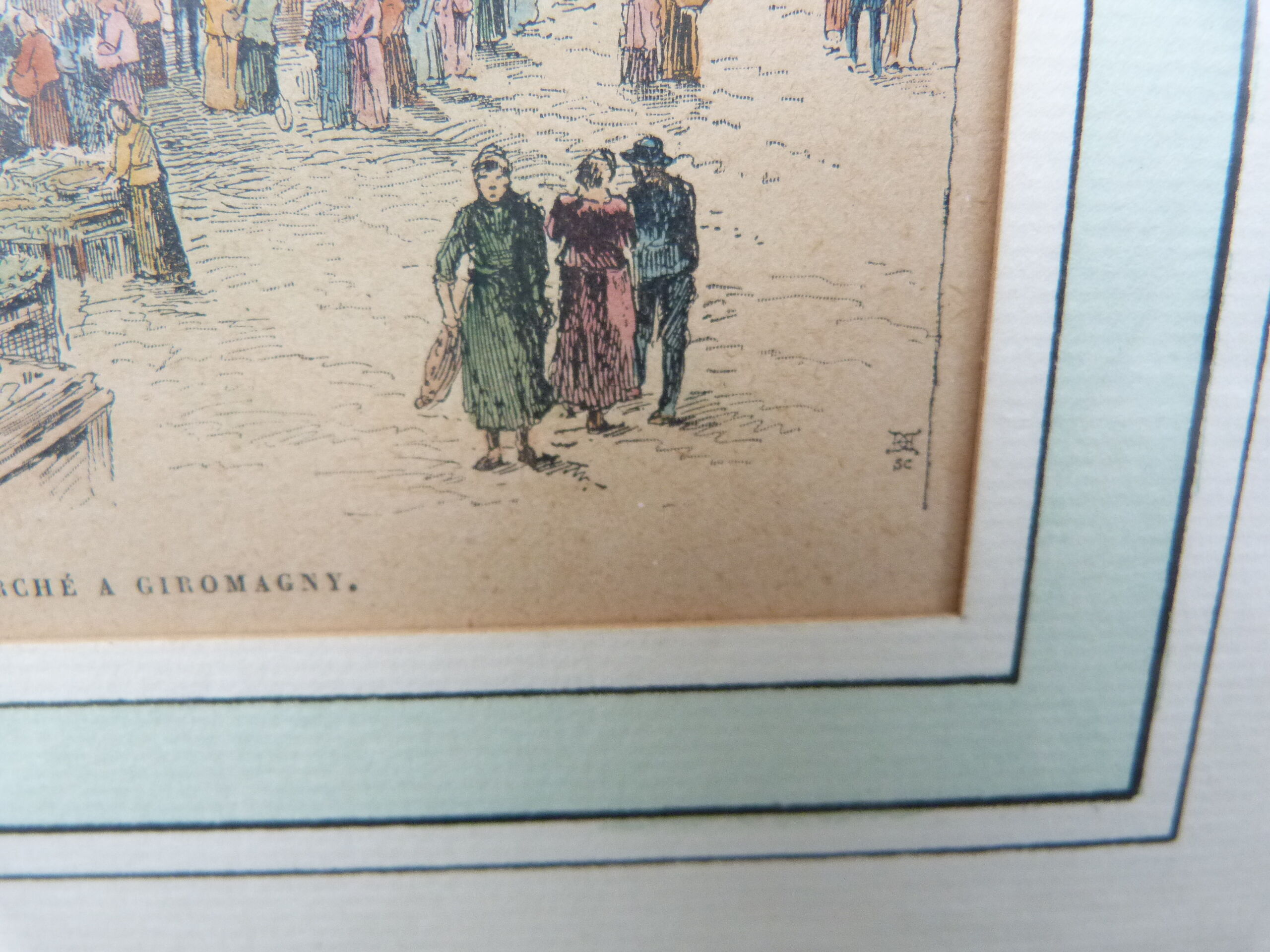 Enhanced watercolor engraving Giromagny market signed G.F