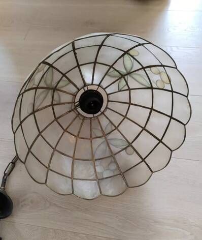 Mother-of-pearl and brass pendant light, vintage light fixture, 1950s