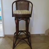 Set of 2 swivel bar stools / chairs - wood - cane - rattan - 80s