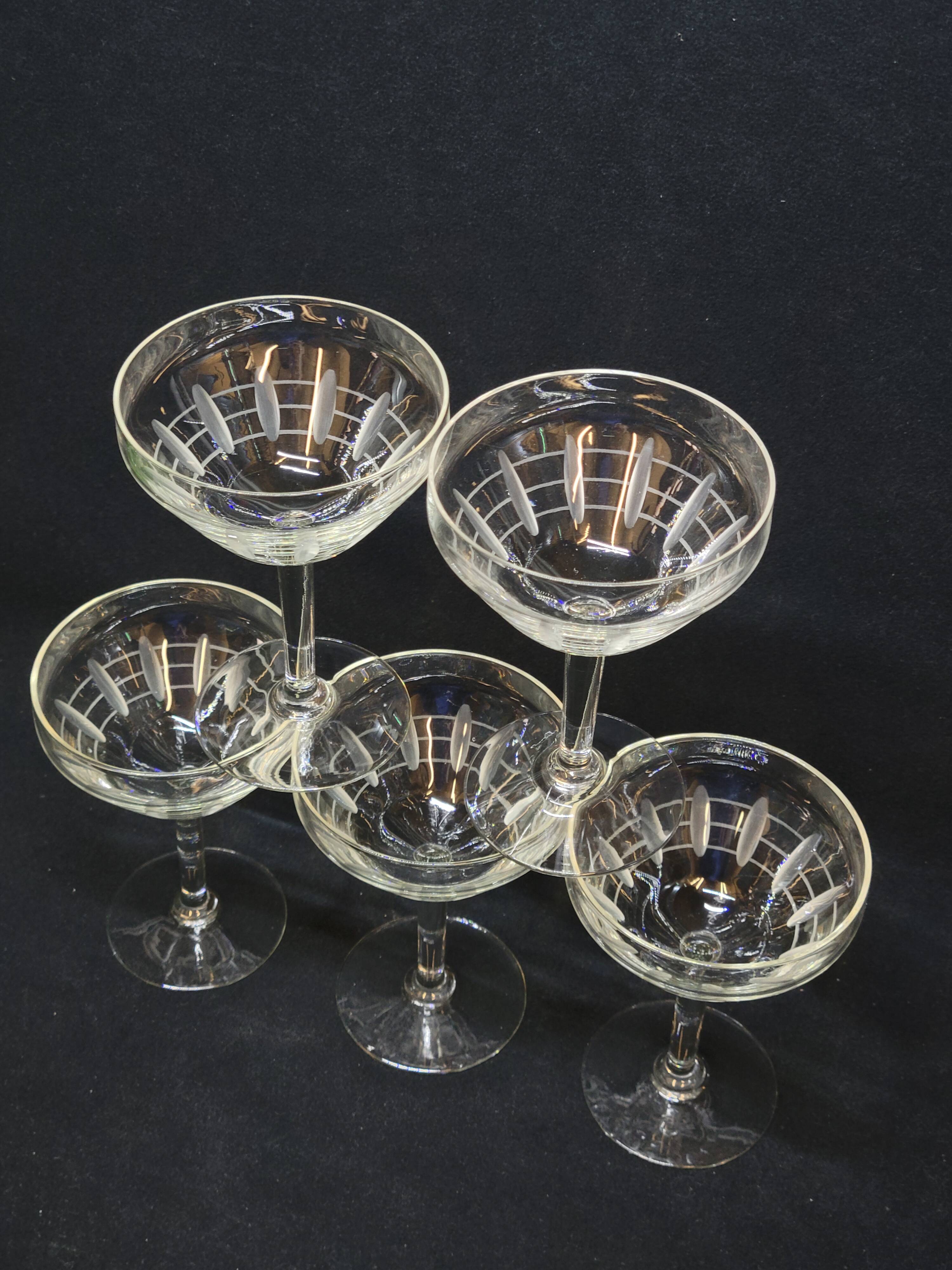 5 Antique Art Deco Palmette Cut Crystal Champagne Glasses