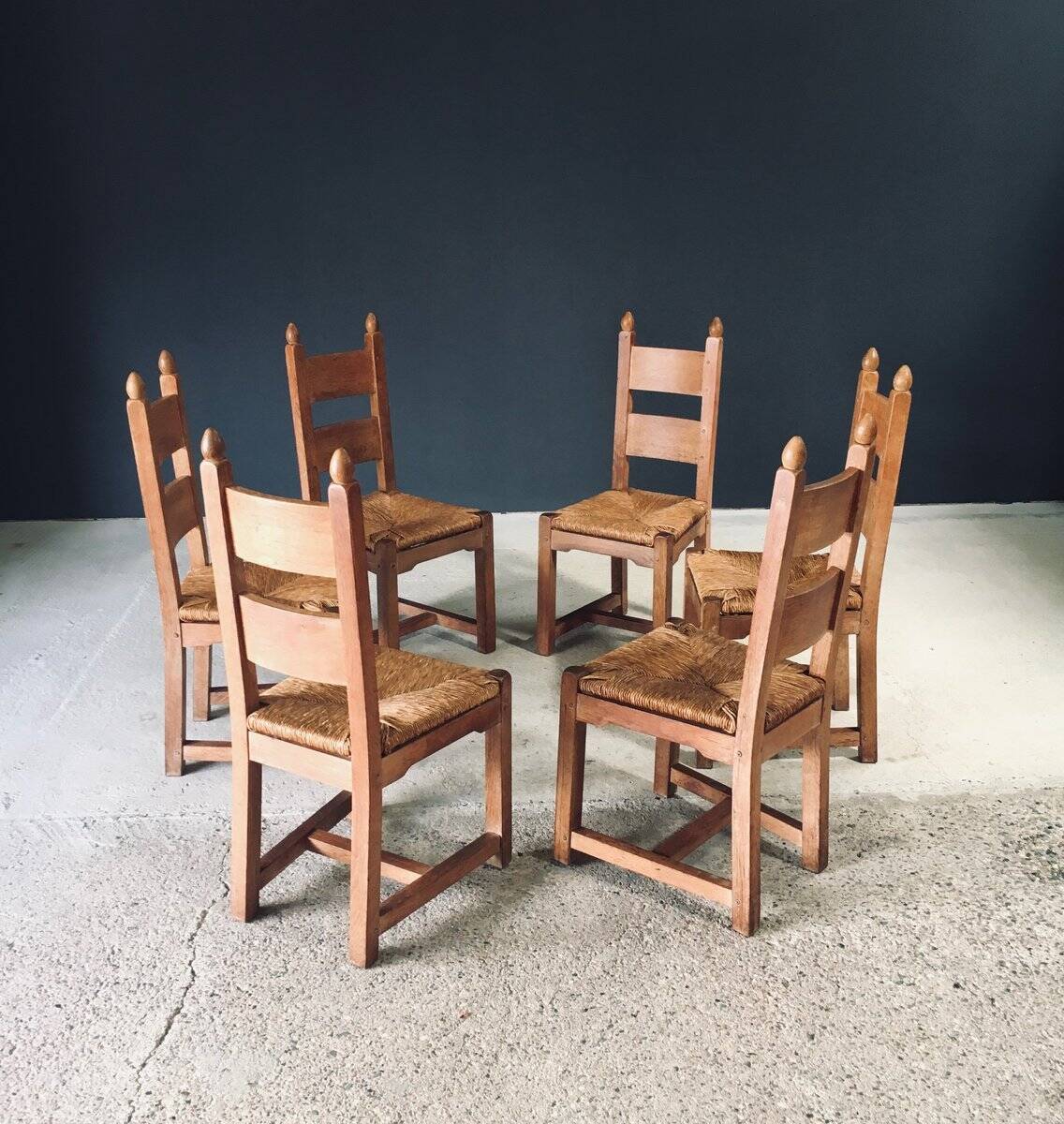 Handcrafted Oak and Rush Dining Chairs, Belgium, 1960s, Set of 6