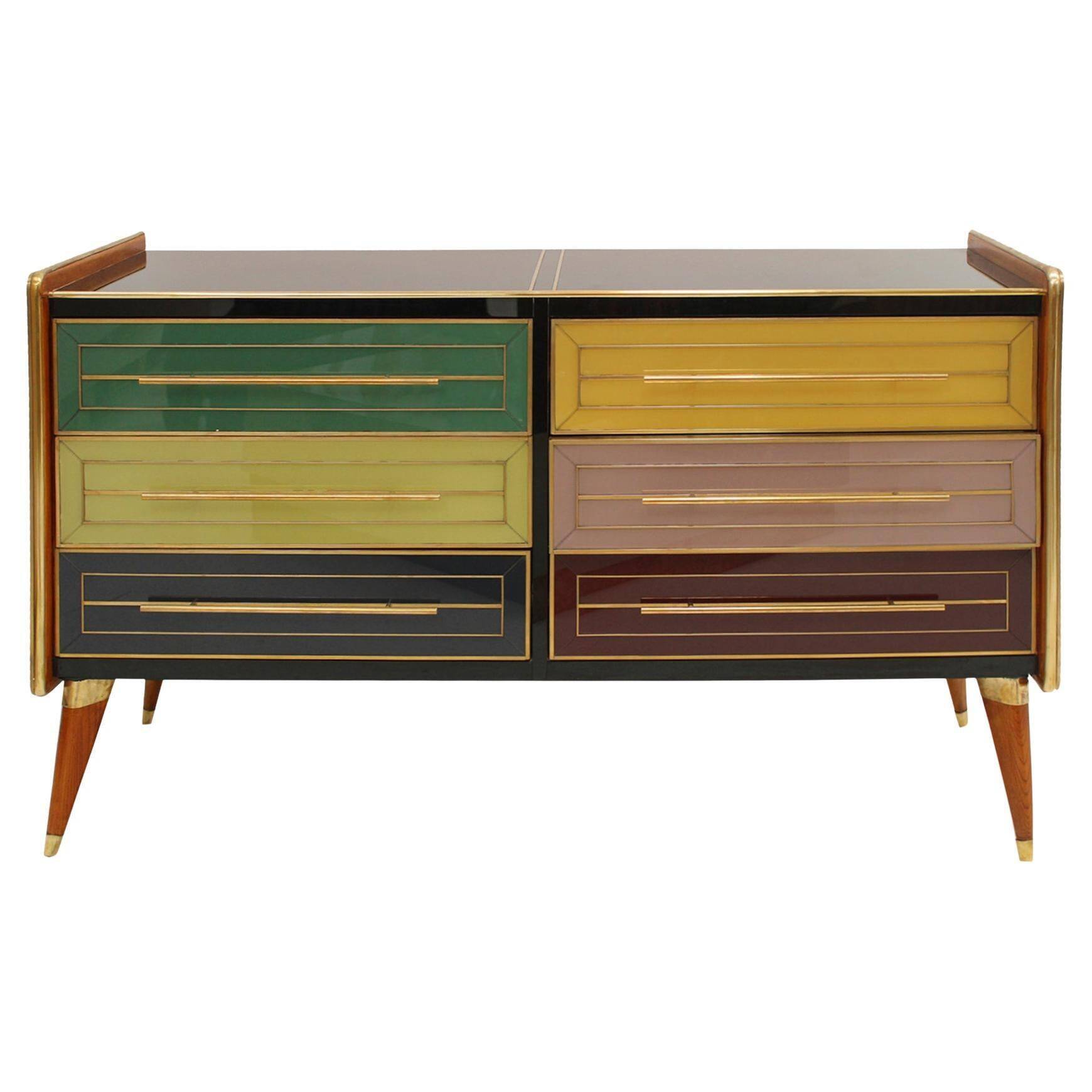 Italain Sideboard Made Of Solid Wood And Covered With Colored Glass 1950S