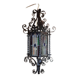 Wrought iron lantern with colored stained glass