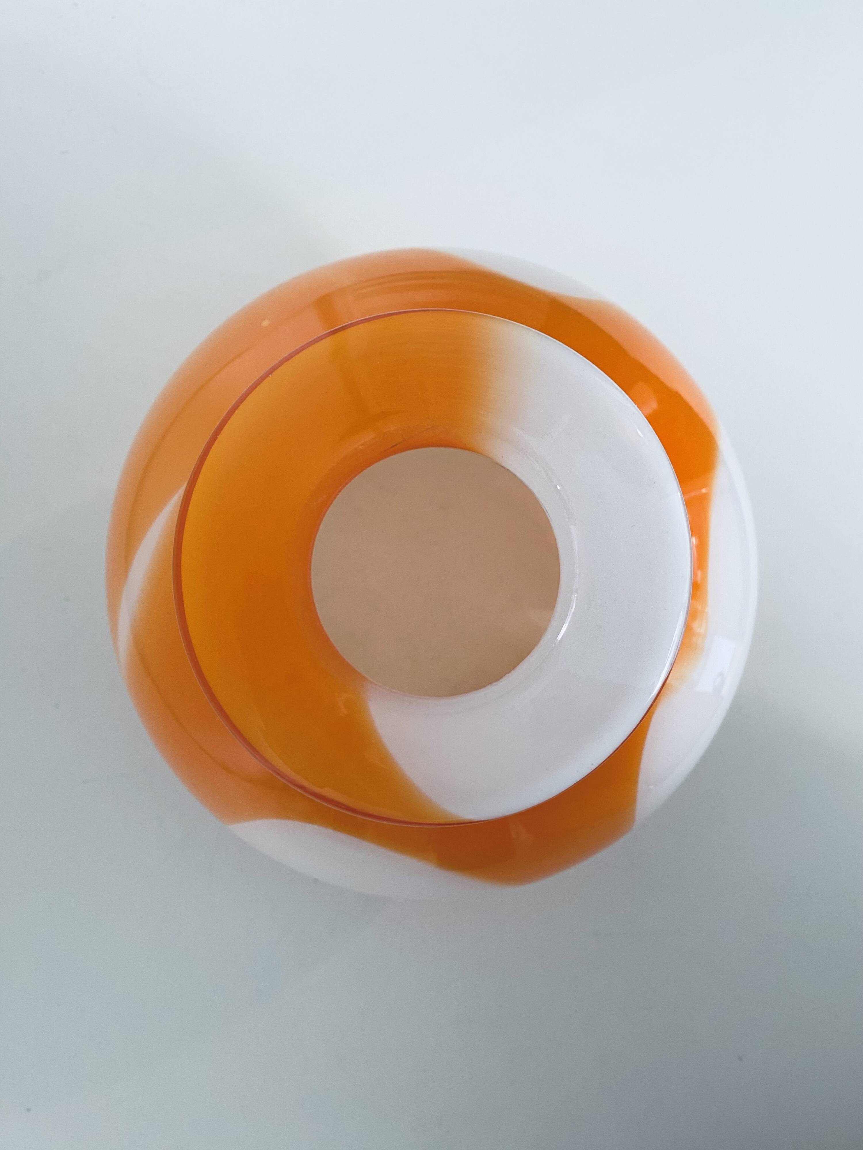 Globe lampshade in orange and white glass, vintage 1970s Space Age.