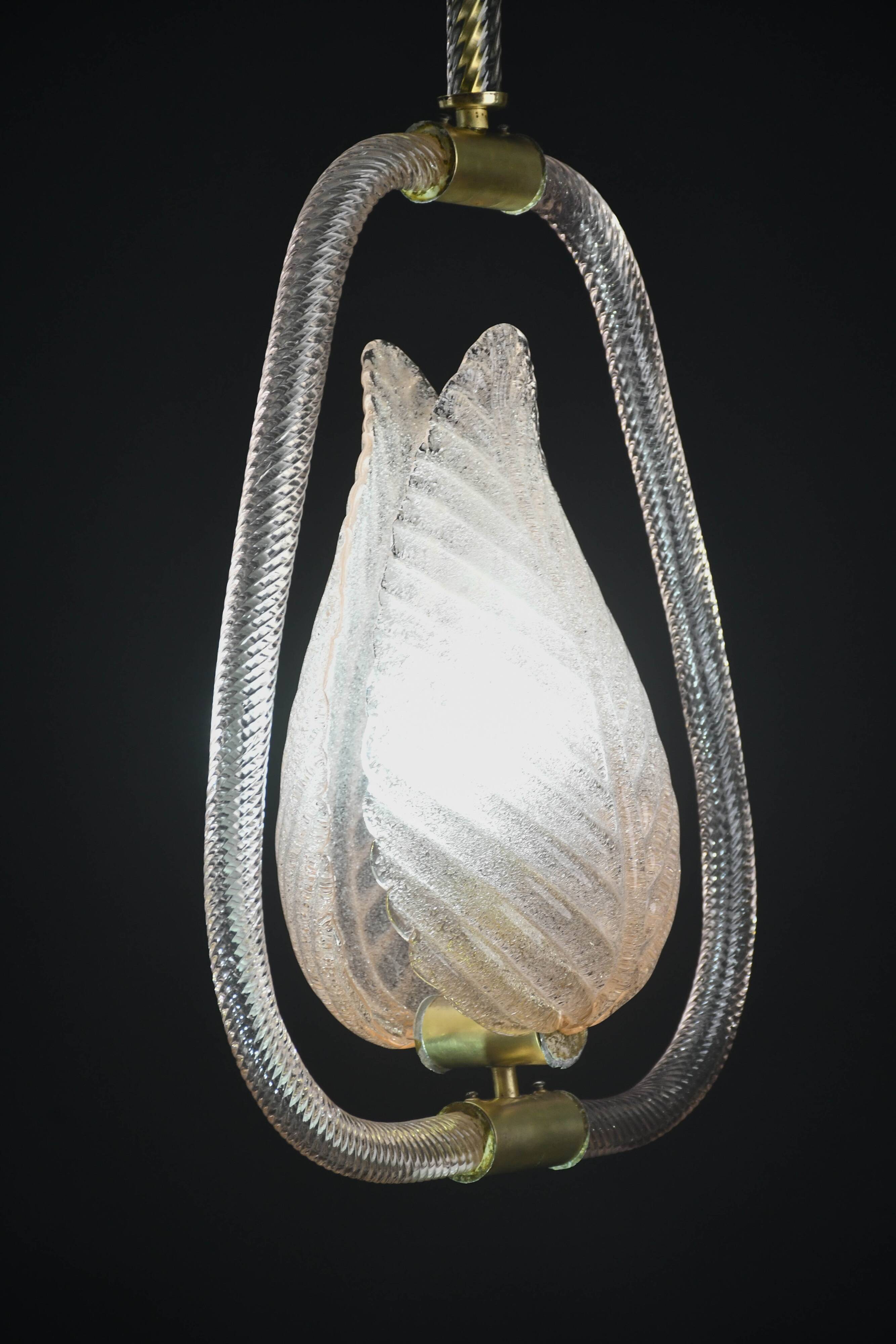 Elgant Pink Art Decò Barovier e Toso Pendant Light Murano Glass, 1940s