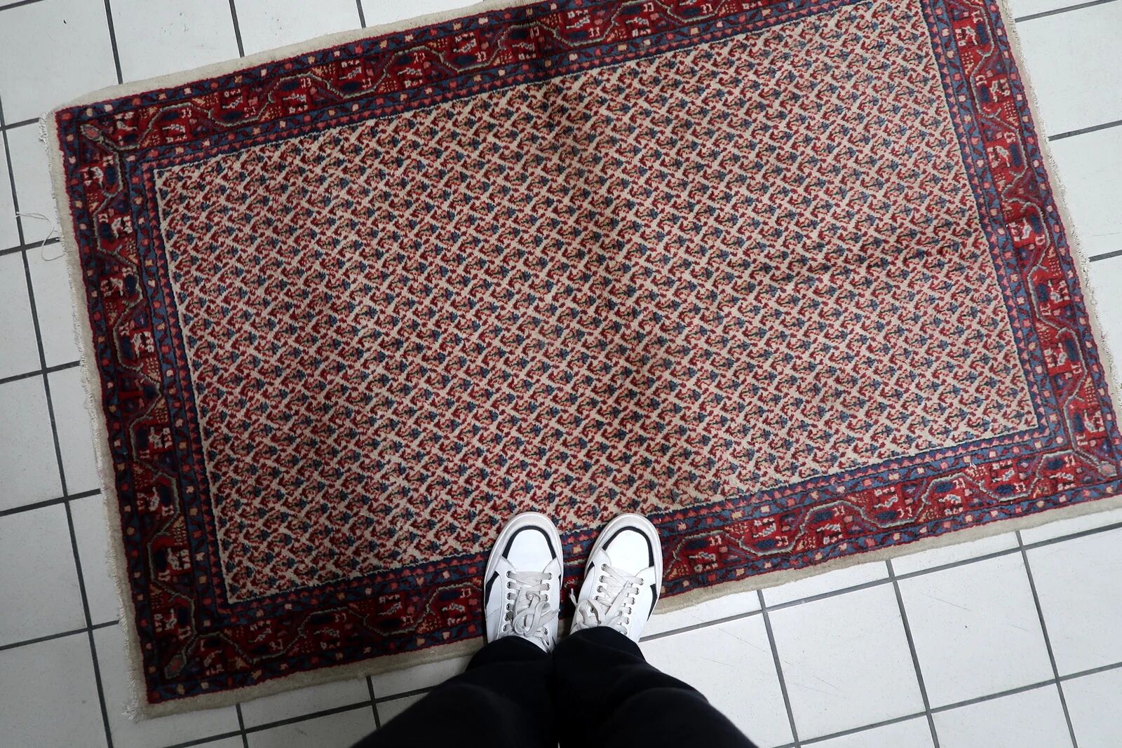1950s Handmade Indian Wool Rug, Ivory and Red, 3 × 5 ft - 1C1291