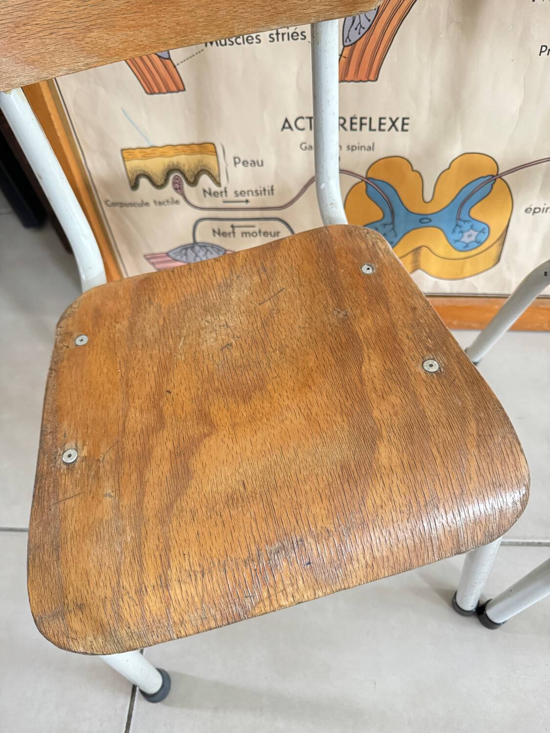 Pair of children's school chairs in wood and metal