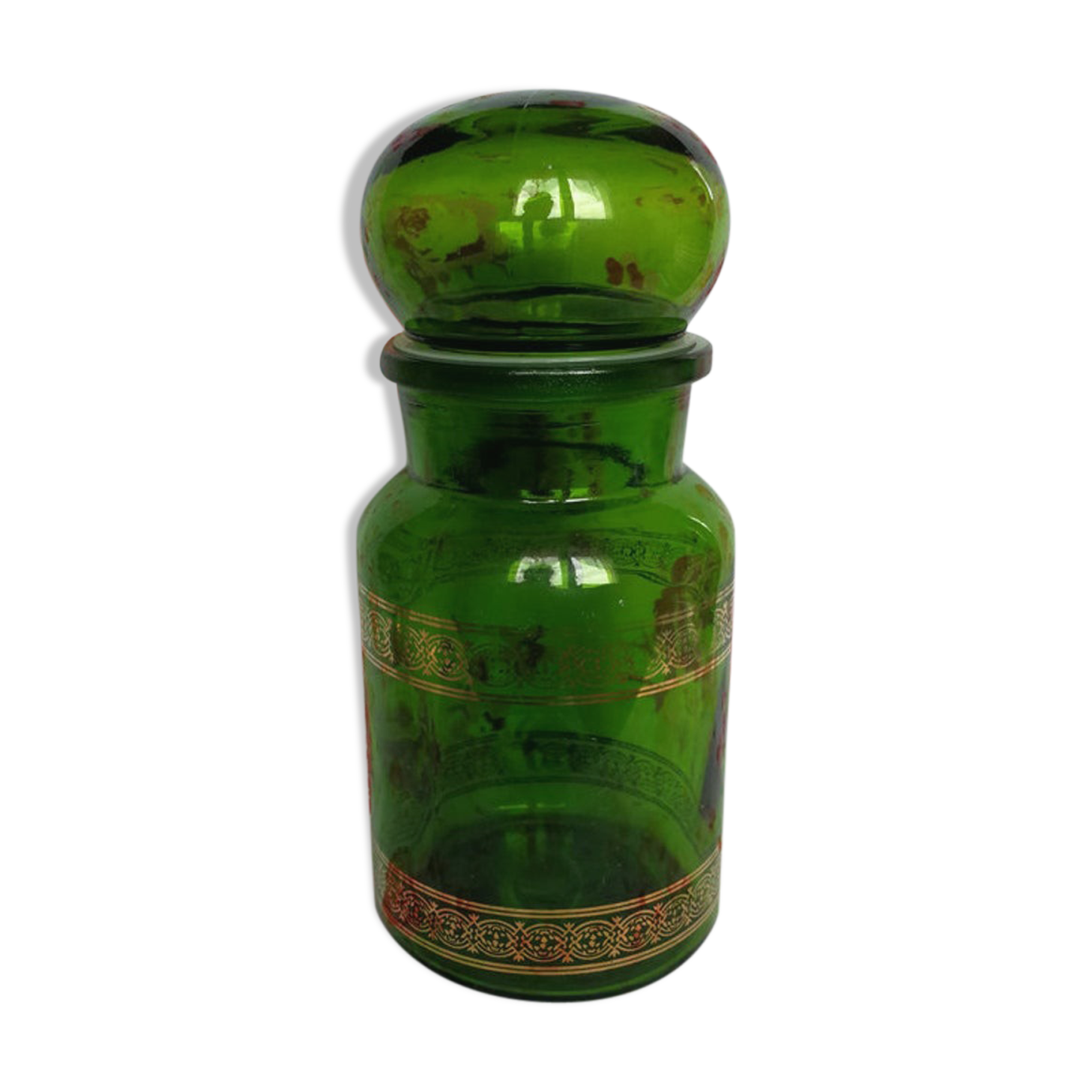Green glass apothecary flask and golden edars old pot