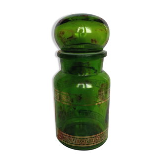Flacon d'apothicaire en verre vert et liserés dorés pot ancien