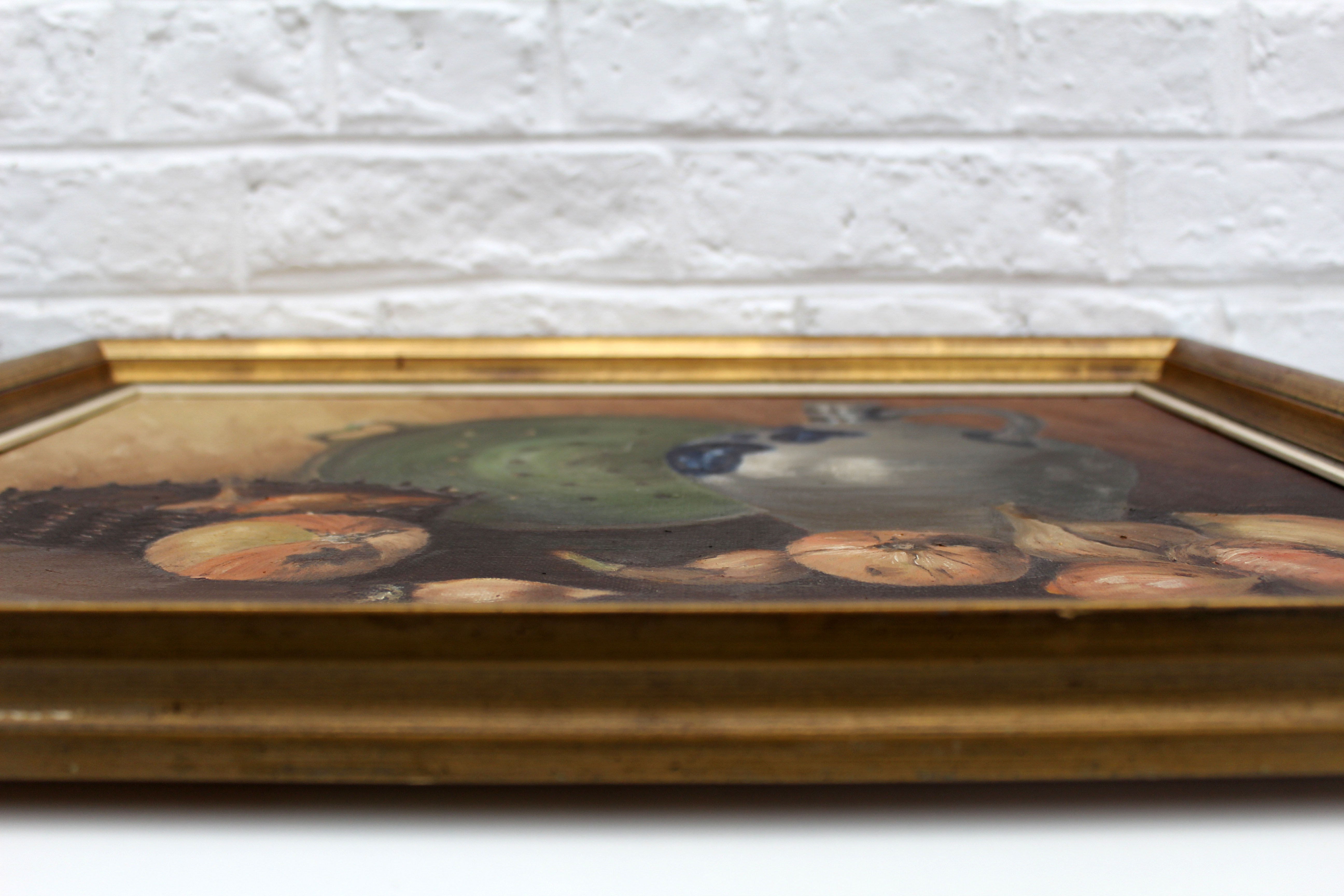 Vintage oil painting on canvas and gold gilded wood frame, still life