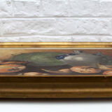Vintage oil painting on canvas and gold gilded wood frame, still life
