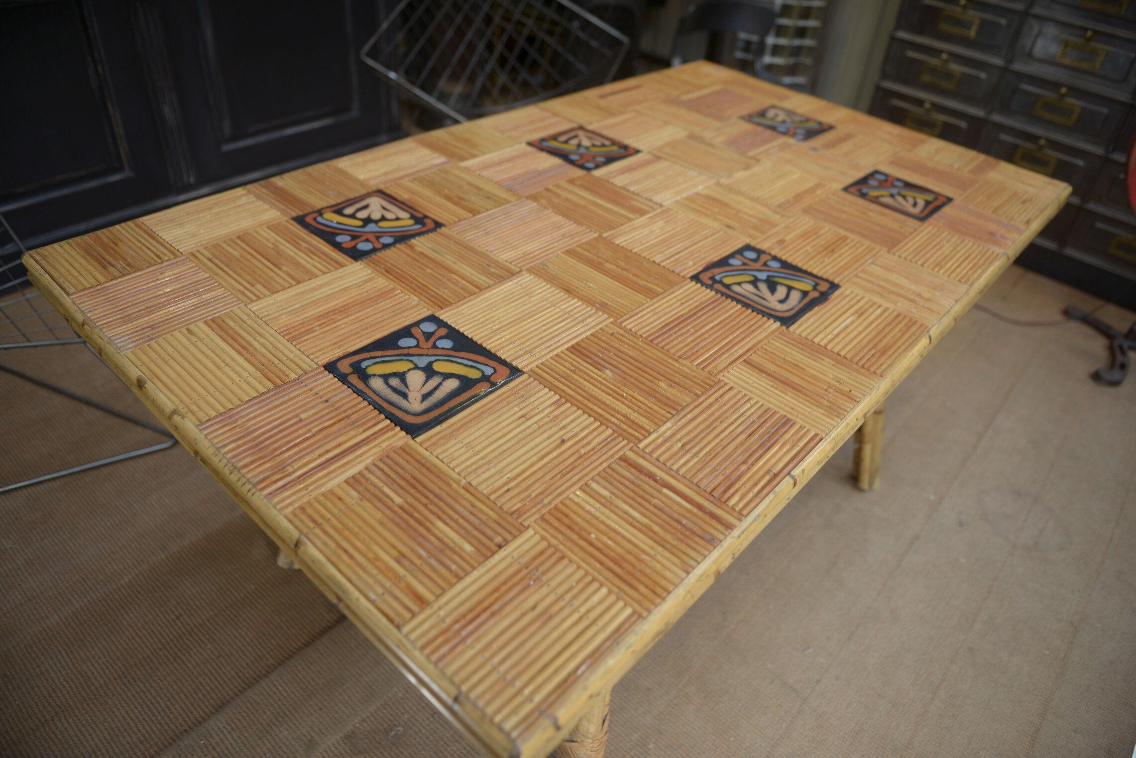 Rattan and ceramic table 1960