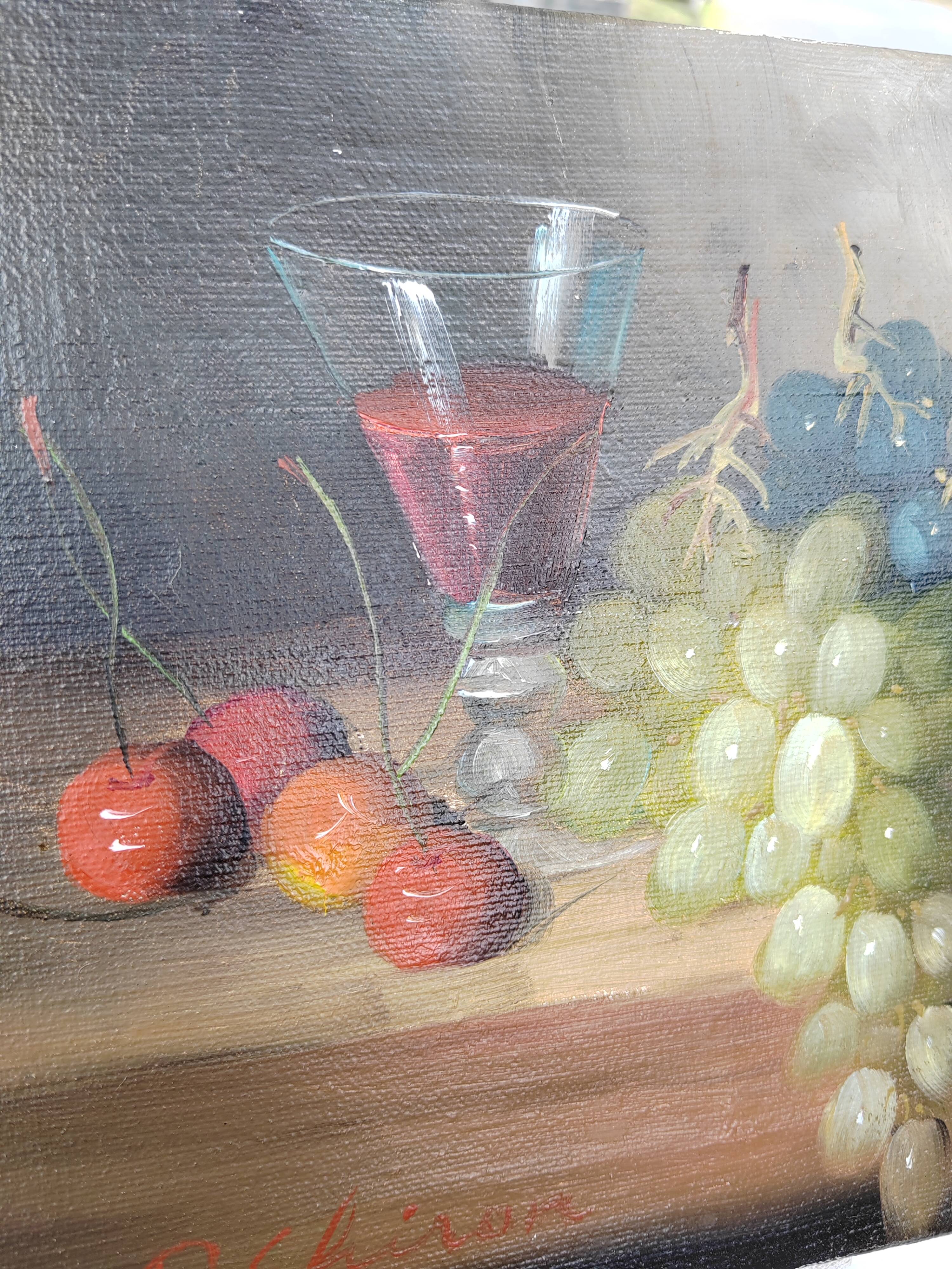 Small painting signed still life "Grapes and wine"