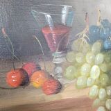 Small painting signed still life "Grapes and wine"
