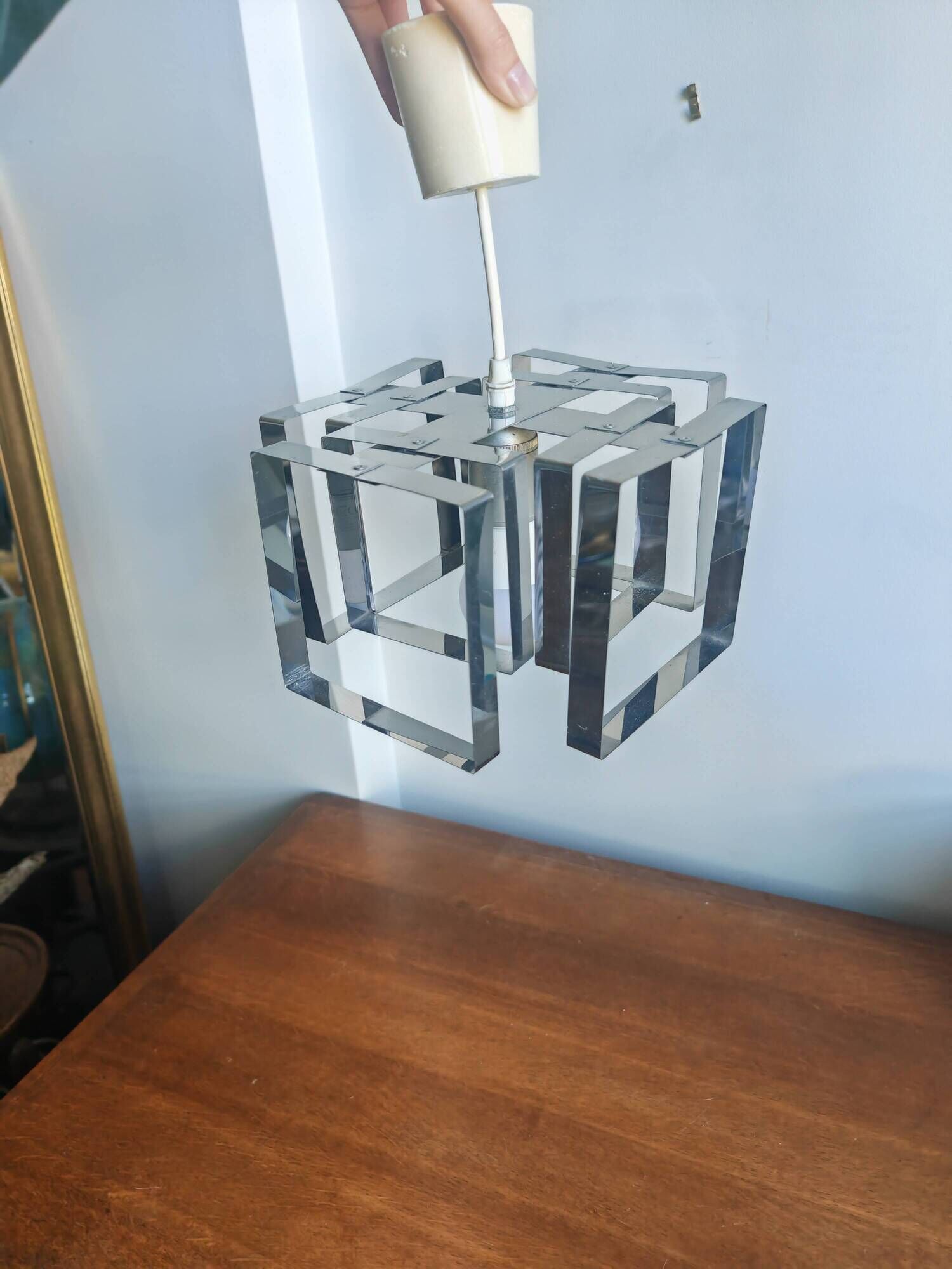 Lampe Cube Métal Chromé Vintage 70s - Style Sciolari / Rega