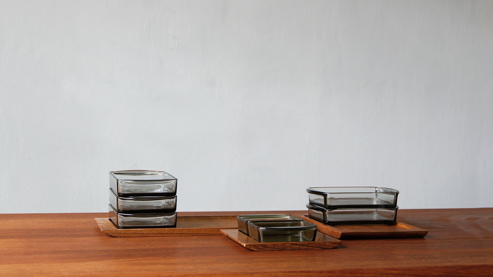 Danish Modern Serving Set Teak Tray With Glass Bowls