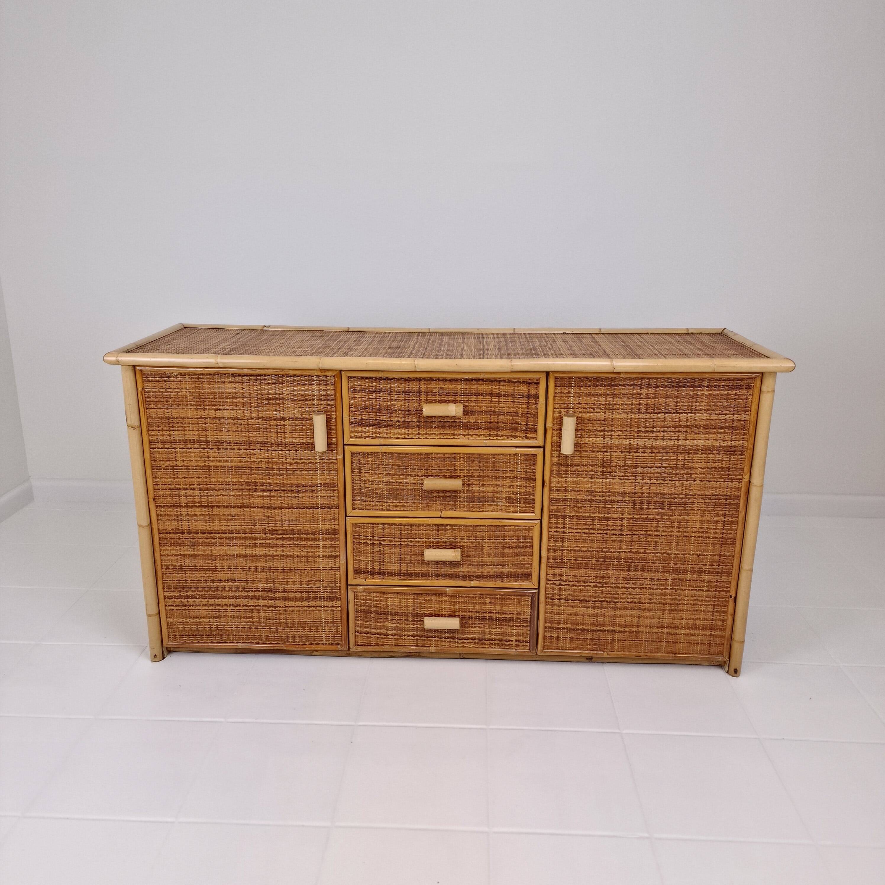 Italian Bamboo and Rattan Chest of Drawers or Credenza, 1980s