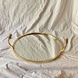 Grand miroir vintage rond en laiton doré avec deux appliques lumineuses - diamètre 50 cm