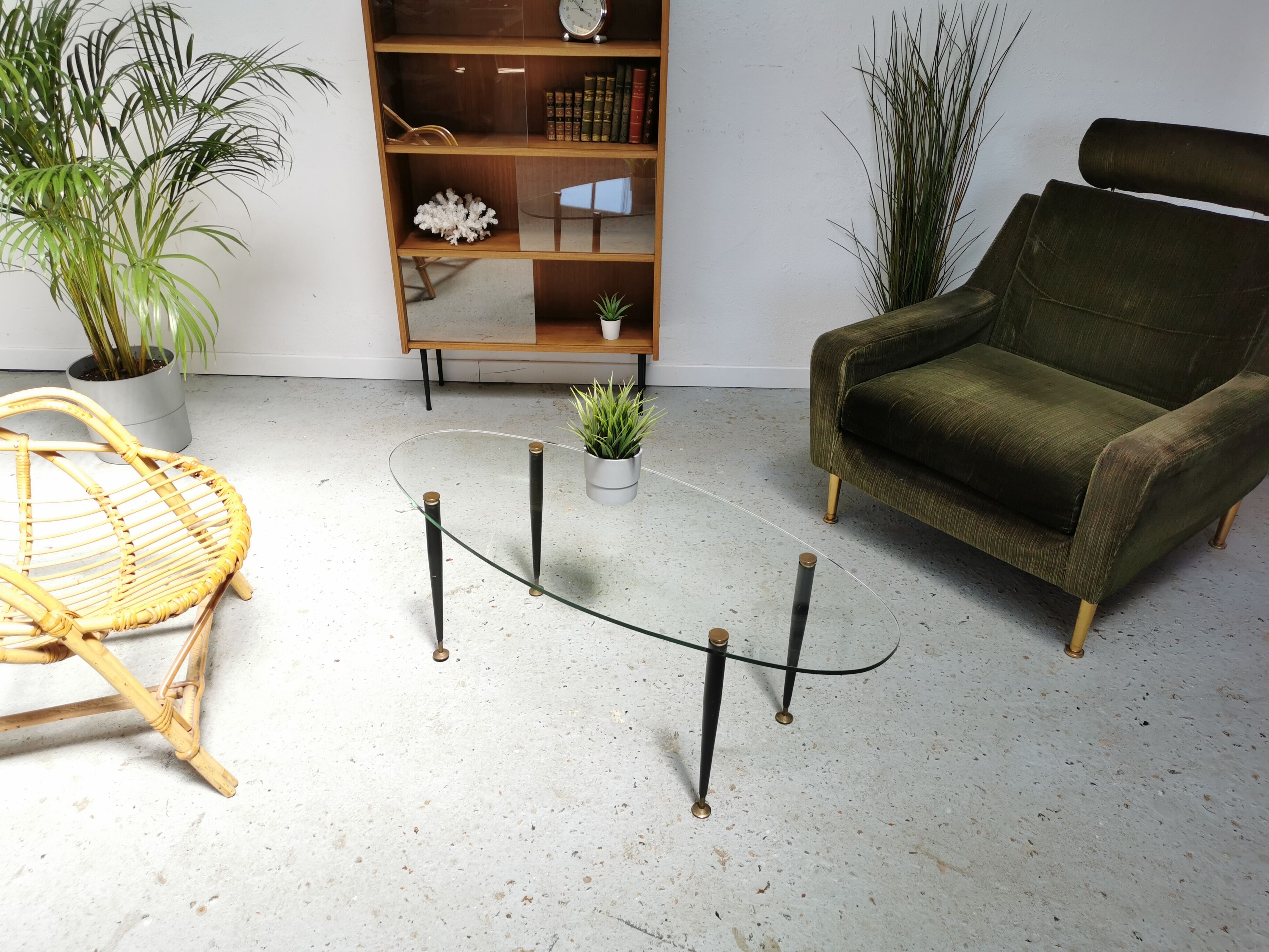 Table basse vintage 1950 verre métal et laiton