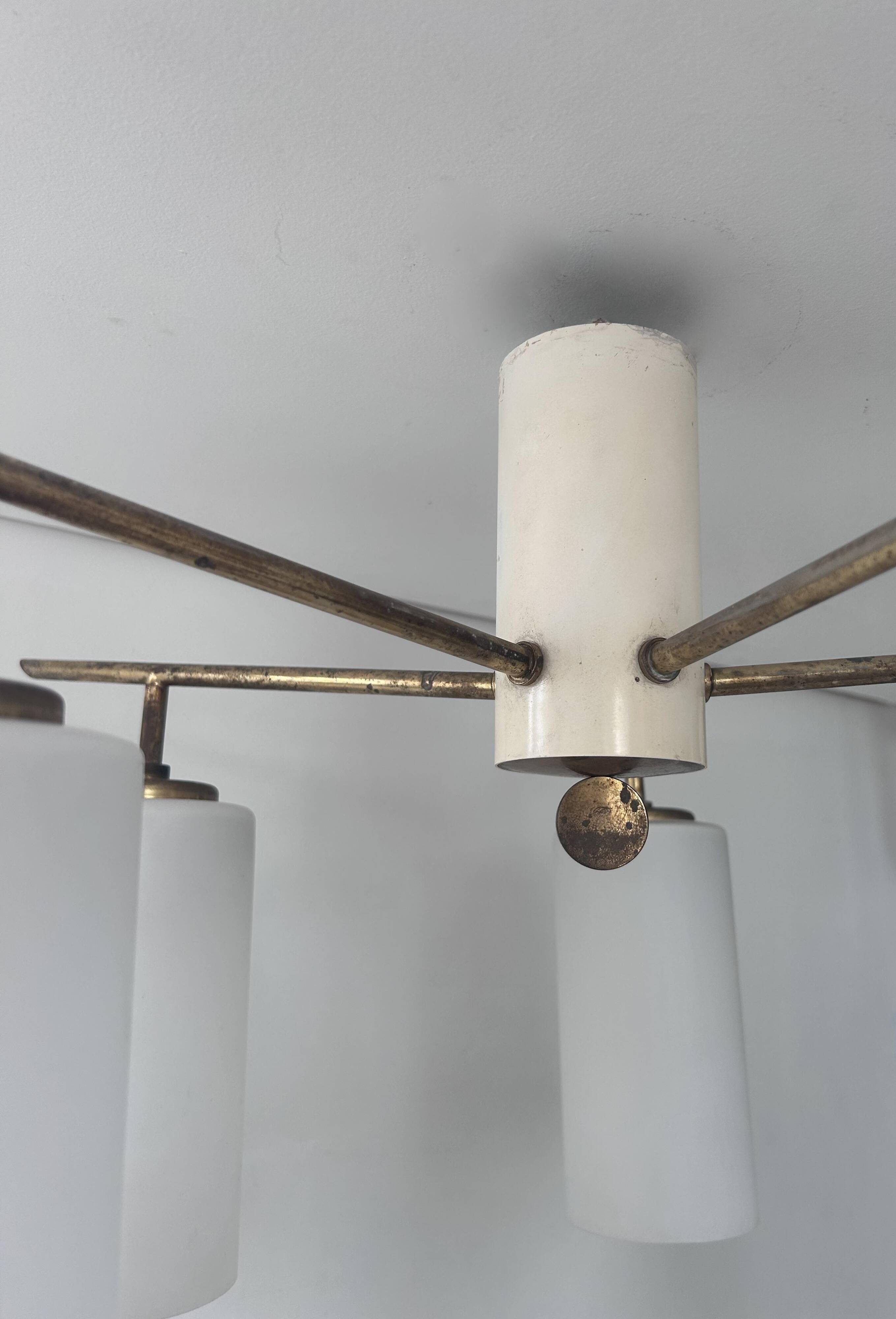 Vintage Italian ceiling light, brass and opaline, 1950