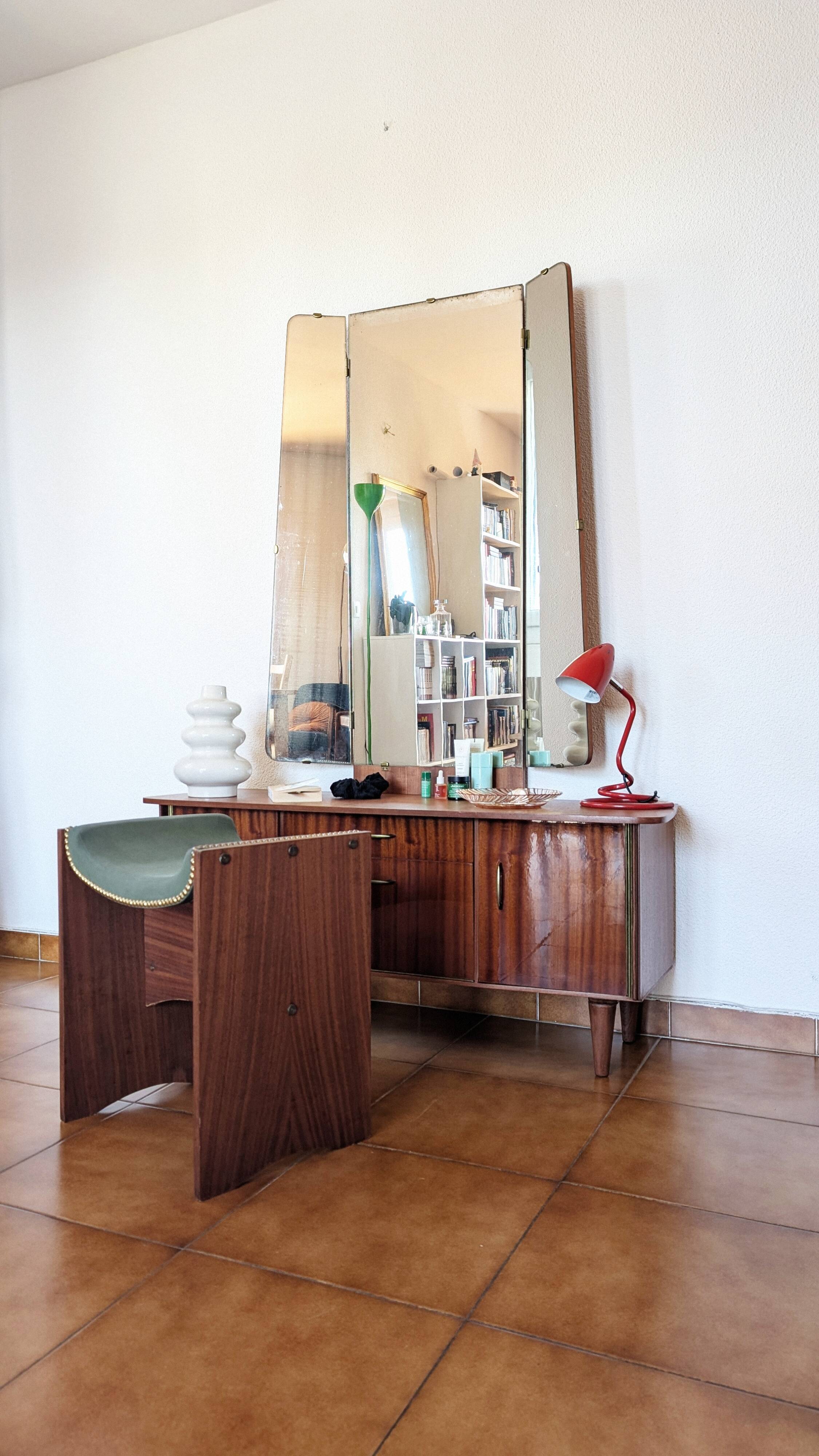 Vintage 70s dressing table with triptych mirror and matching bench.