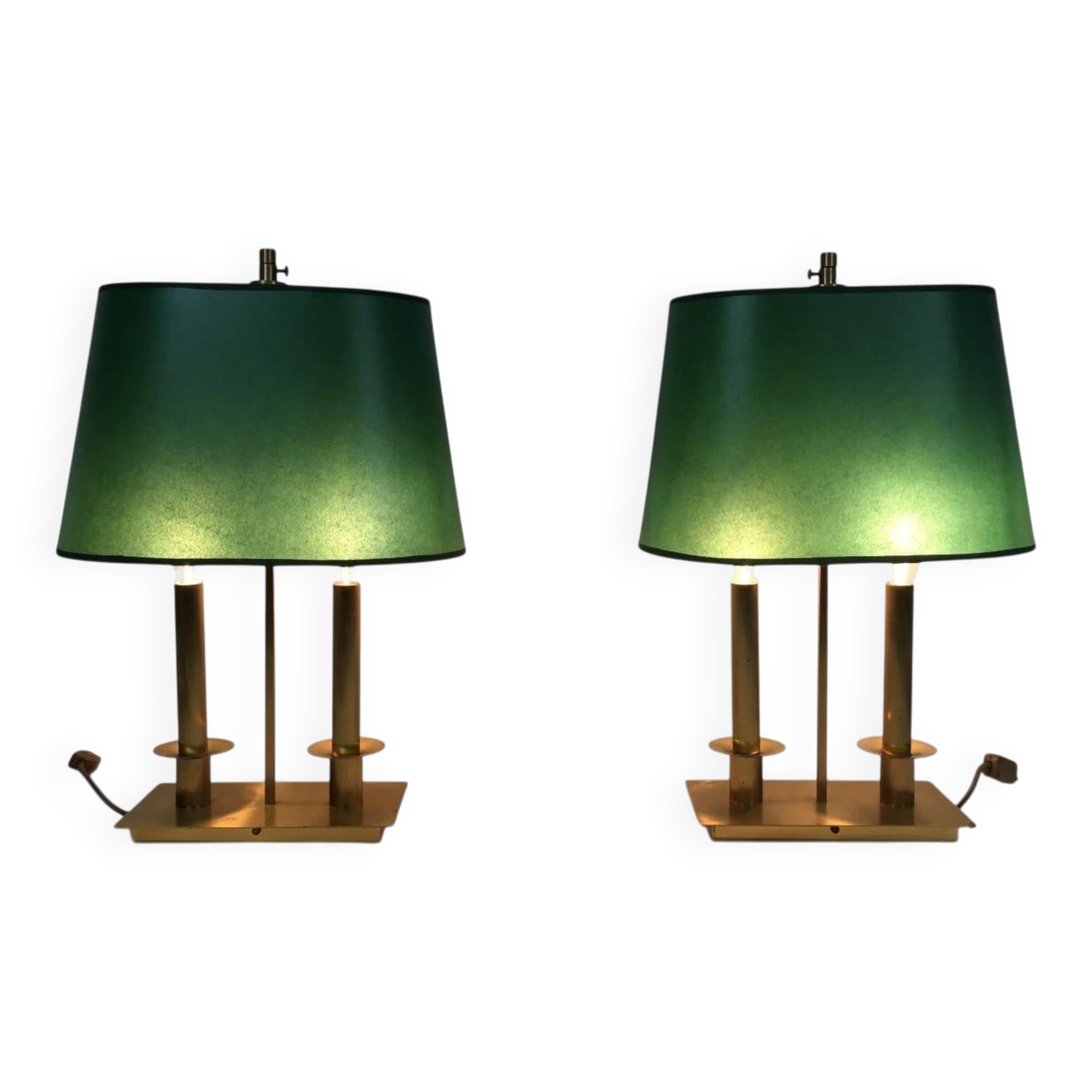 Pair of Two-Light Table Lamps in Brass with Green Shades. Work F