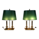 Pair of Two-Light Table Lamps in Brass with Green Shades. Work F