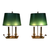 Pair of Two-Light Table Lamps in Brass with Green Shades. Work F