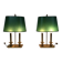 Pair of Two-Light Table Lamps in Brass with Green Shades. Work F