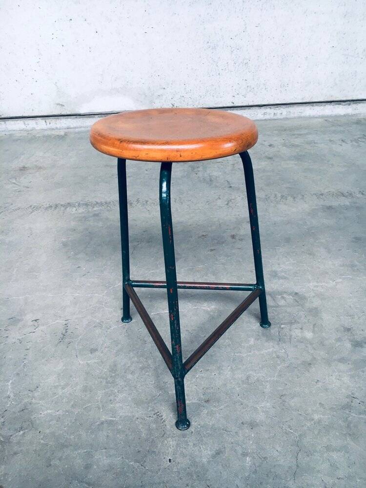 Set of Industrial Green Tripod Stool Set, Belgium, 1950s