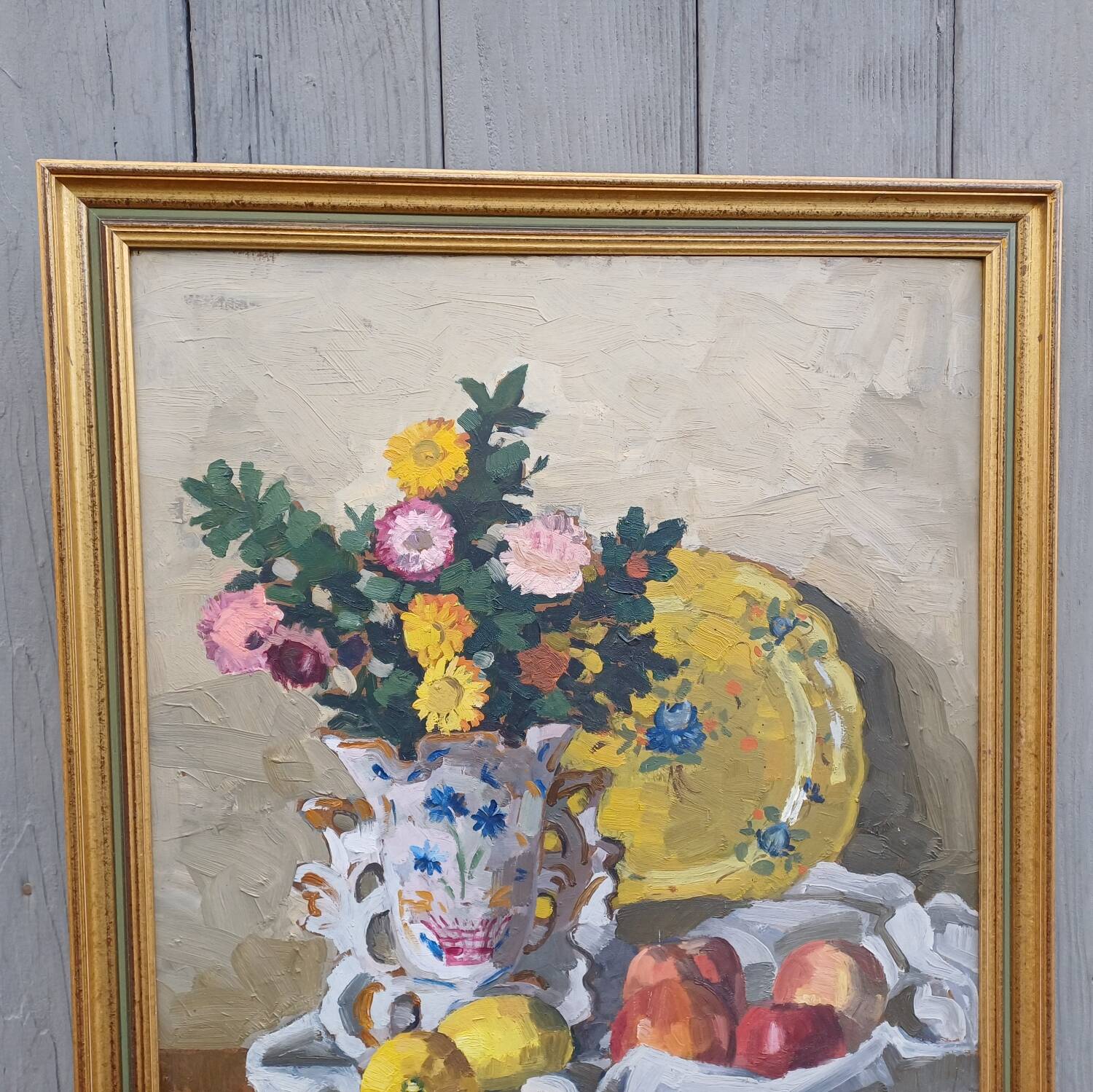 Peinture ancienne vase de marié avec son bouquet