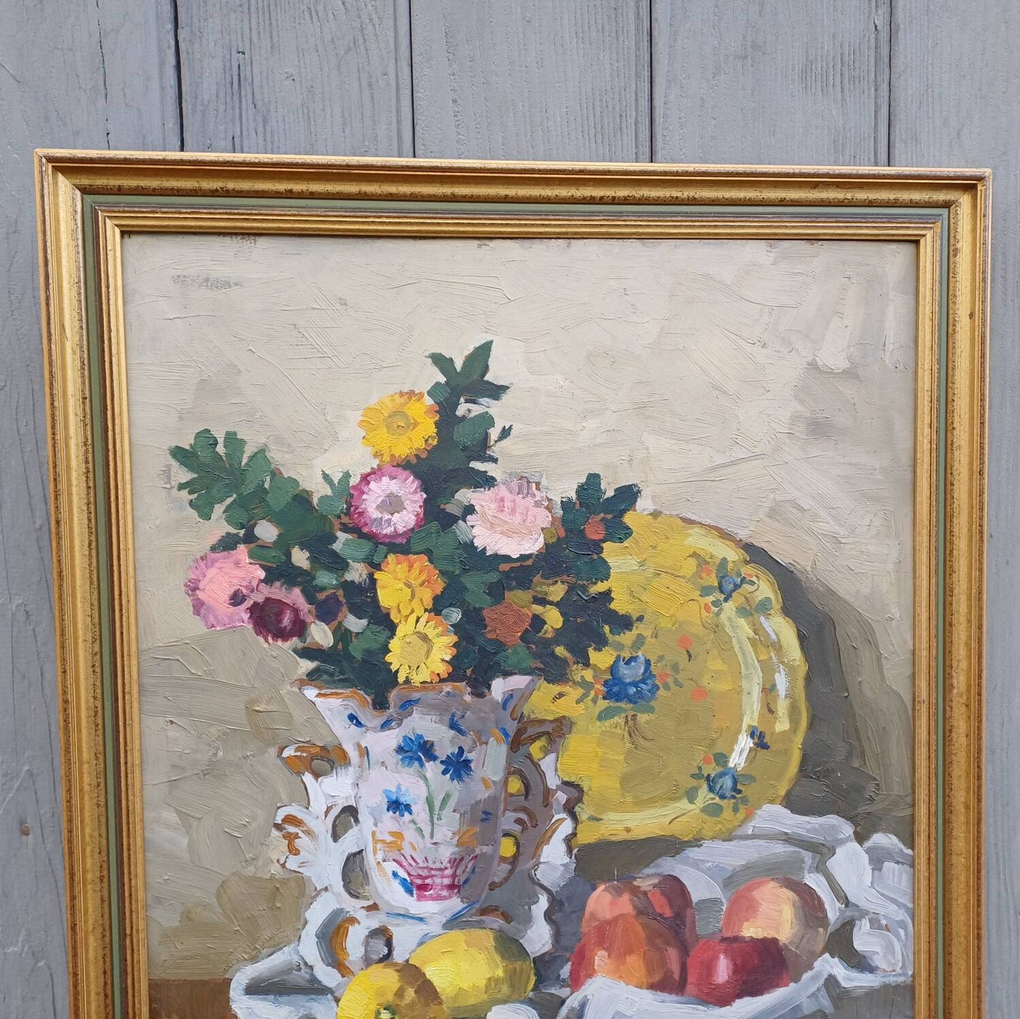 Old painting of a bride's vase with her bouquet.