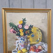 Old painting of a bride's vase with her bouquet.