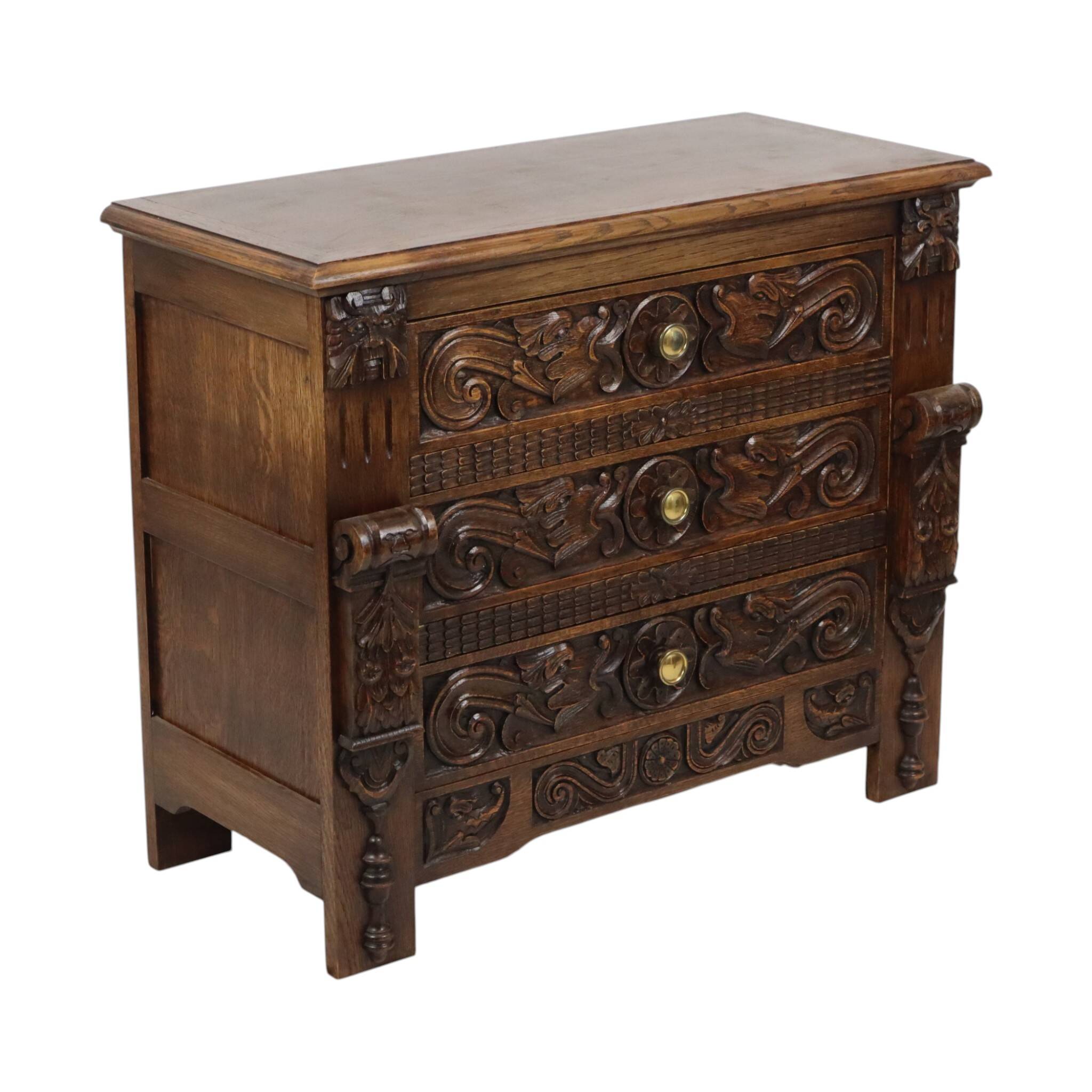 Vintage Carved Oak Cabinet/Chest of Drawers with Mythical Figures