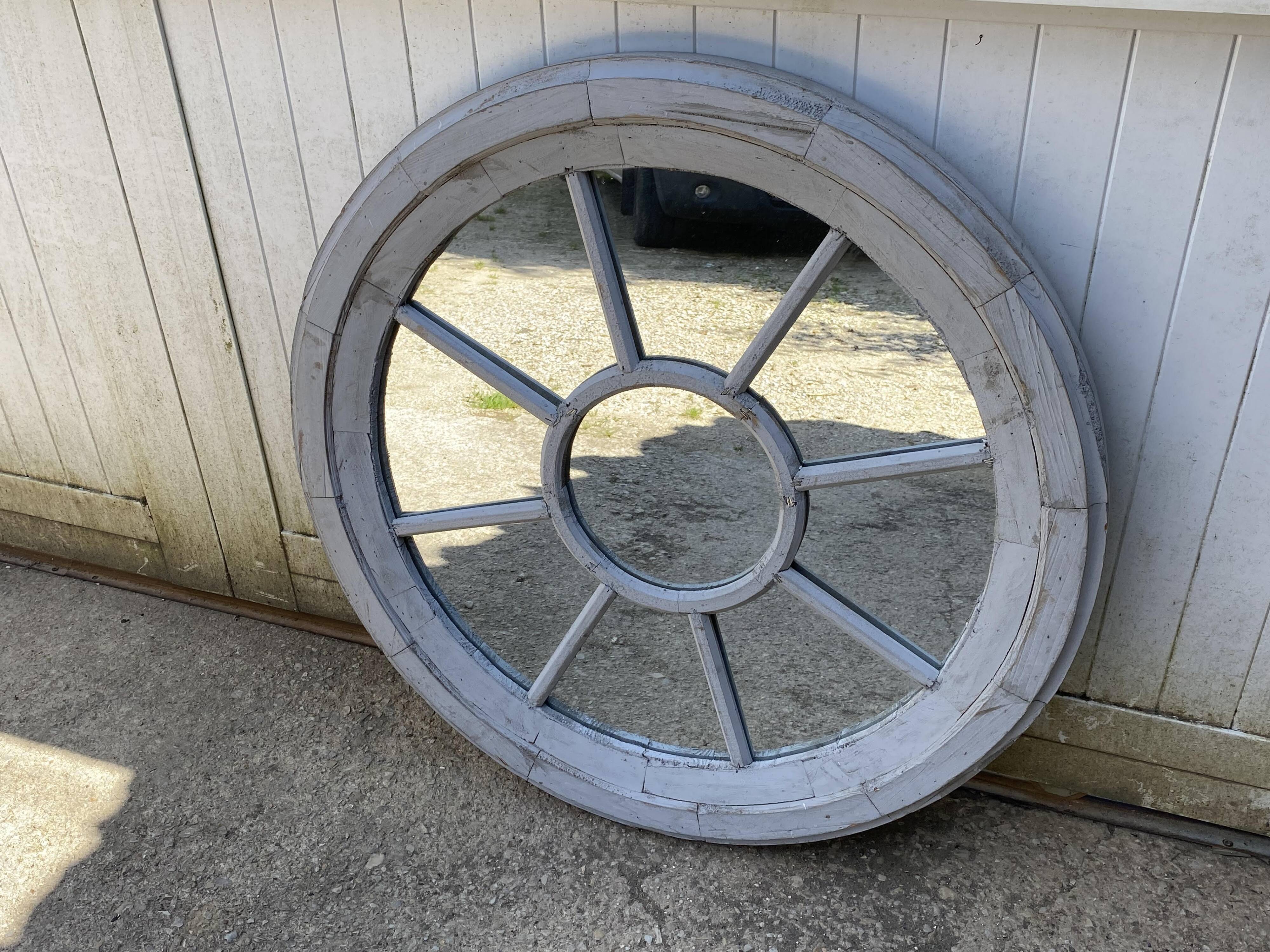 Large vintage gray cart wheel wooden wall mirror