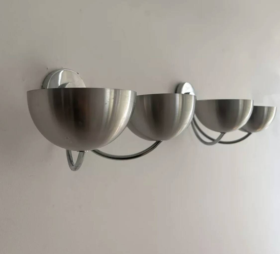 Pair of vintage double wall lights, brushed aluminum and chrome, France 1970