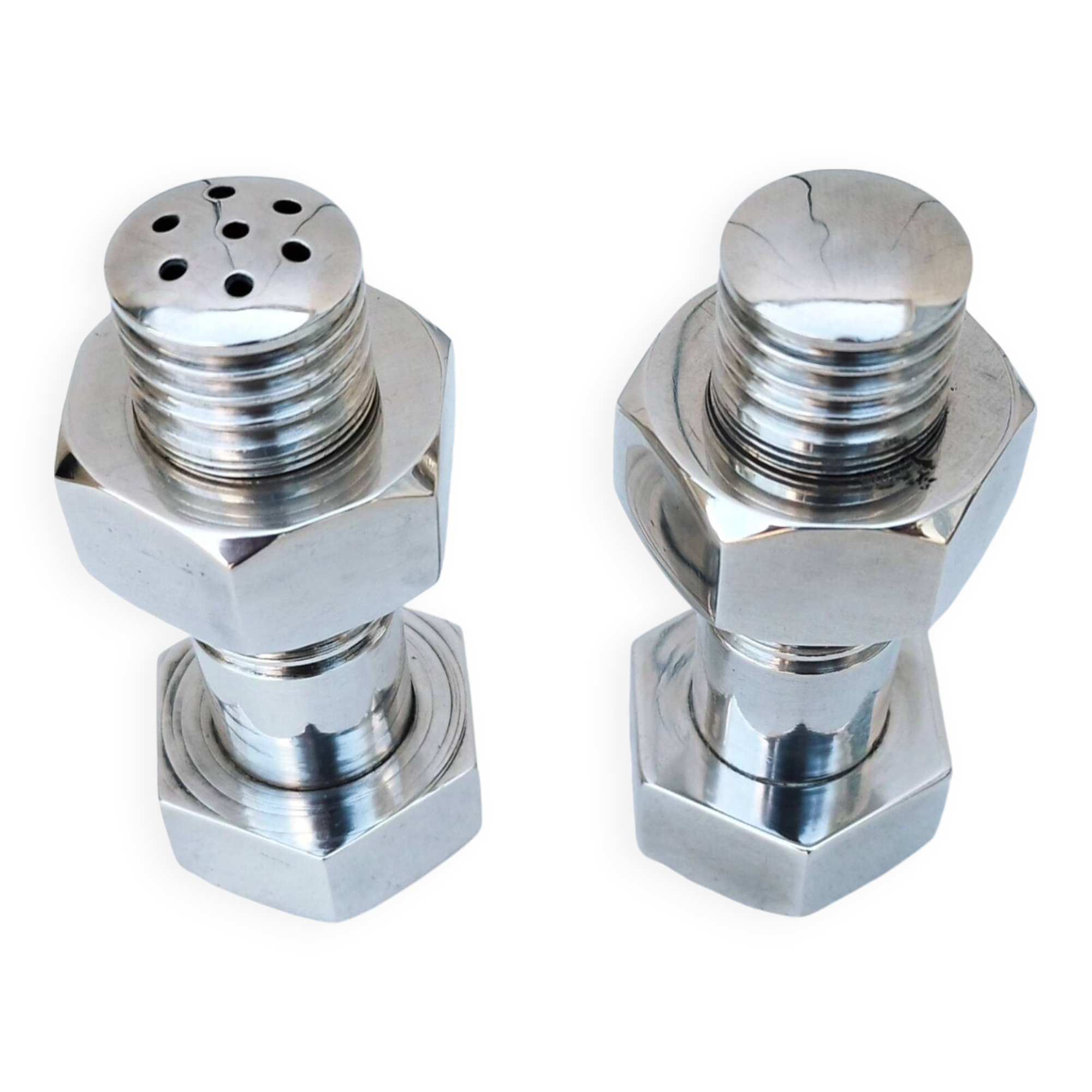 Salt shaker pepper mill silver metal bolt. vintage