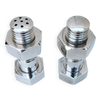 Salt shaker pepper mill silver metal bolt. vintage