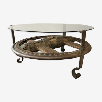 Wooden coffee table and riveted cast iron