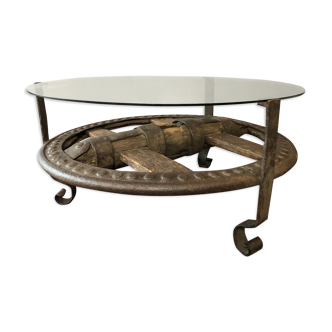 Wooden coffee table and riveted cast iron