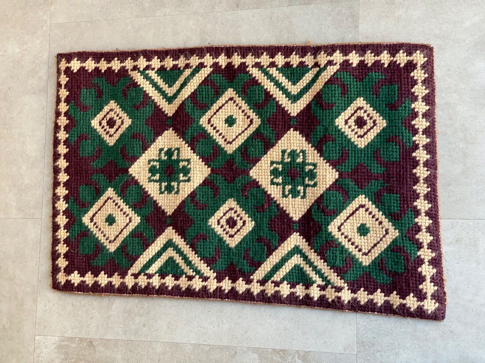 Hand knotted runner rug / table runner in brown - green - beige