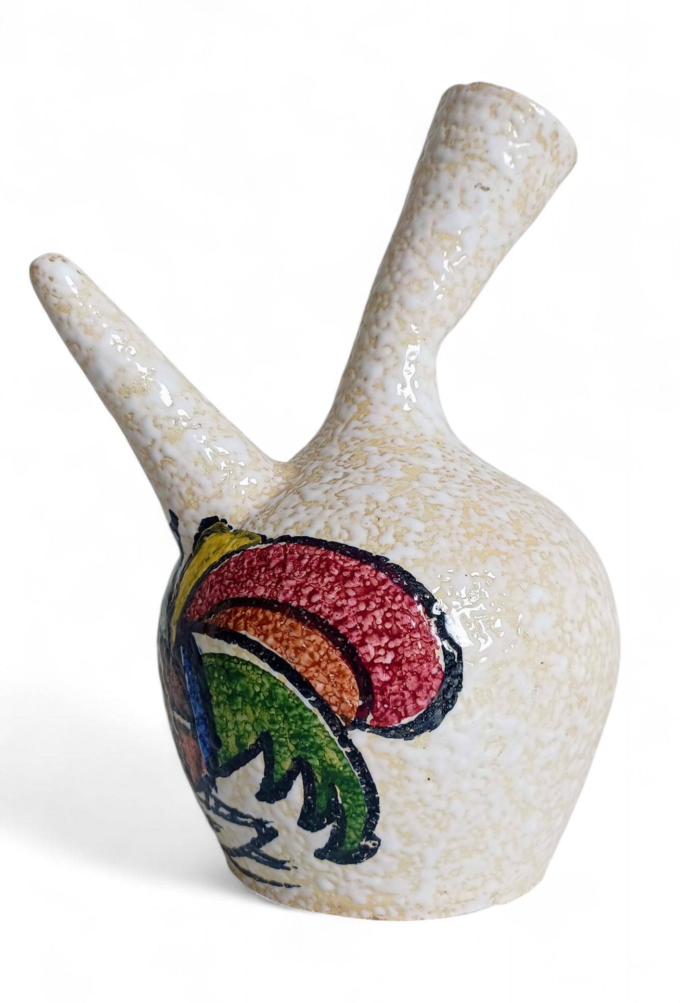 Vintage Spanish Ceramic Porrón, Hand-Painted Rooster, 1960s