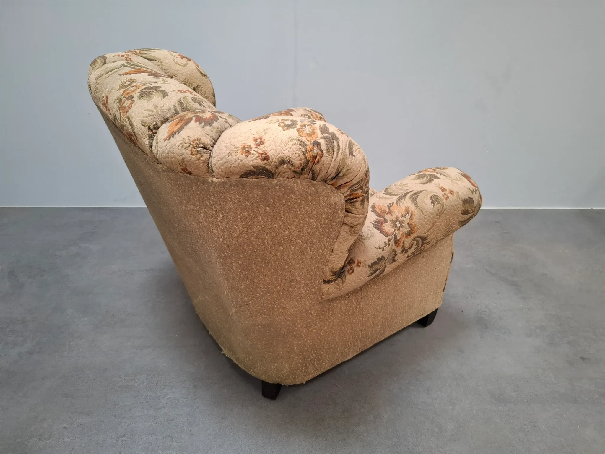1930s Czech Art Deco Floral Upholstered Wingback Armchair